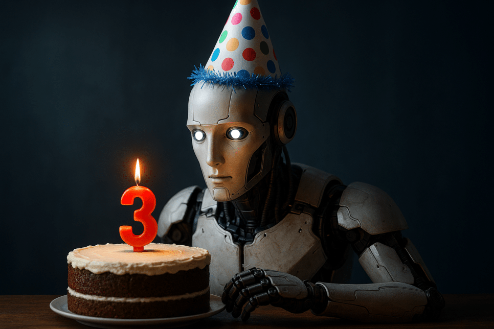 ChatGPT: Robô de IA com chapéu de aniversário olhando para um bolo com vela número 3.