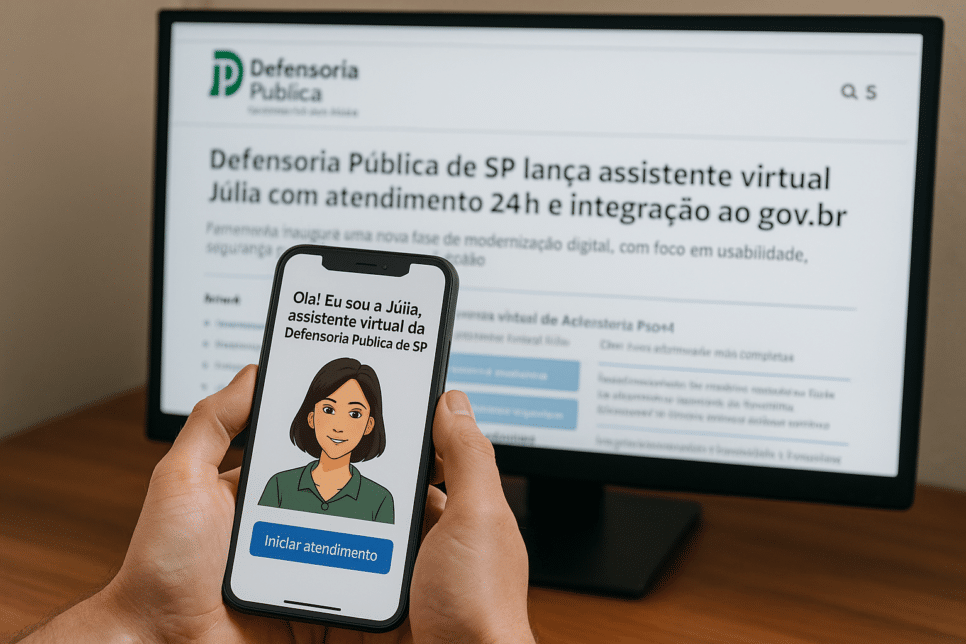 Júlia: Pessoa usando a assistente virtual Júlia da Defensoria SP no celular com o portal aberto ao fundo