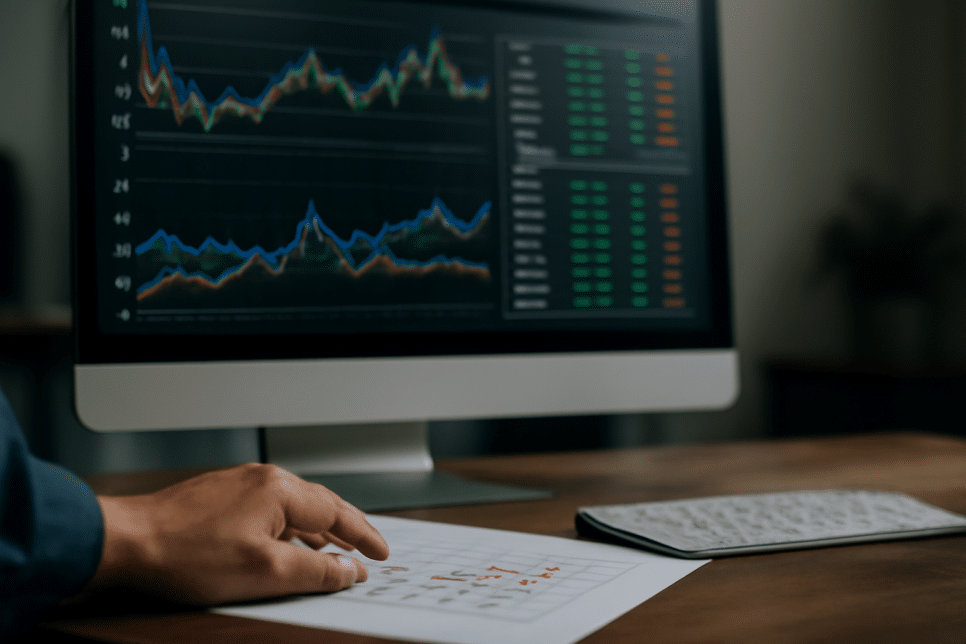 Mão interage com gráfico impresso enquanto monitor exibe dados financeiros. Arquitetura de software