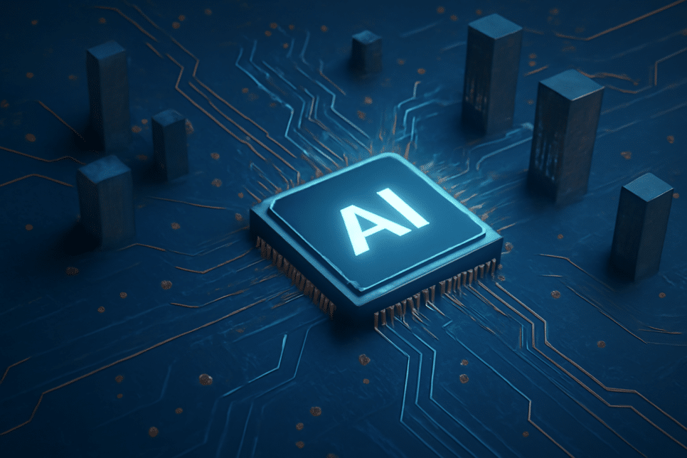 Microprocessador AI em um circuito futurista com edifícios digitais. Arquitetura empresarial