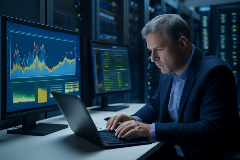 Downtime: Homem de meia-idade em centro de dados, analisando gráficos de sistema em telas, com foco em garantir a continuidade dos negócios durante picos sazonais.