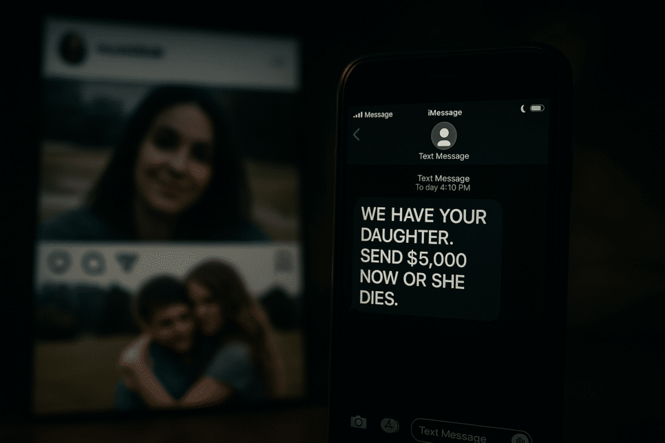 Celular exibindo mensagem ameaçadora simulando golpe de sequestro virtual usando fotos alteradas.