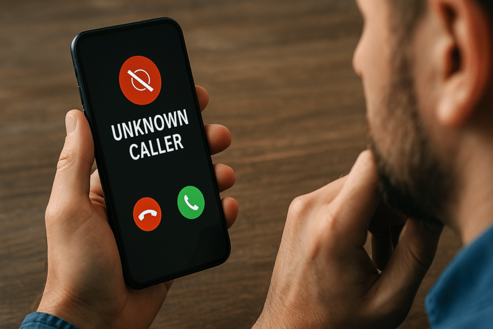 Pessoa atendendo ligação desconhecida em smartphone, simbolizando riscos das ligações mudas e golpes telefônicos.