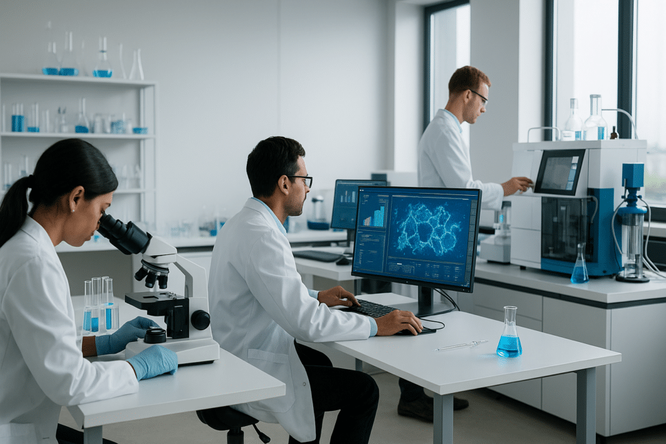 Governo: Laboratório de pesquisa com equipamentos científicos e pesquisadores em ambiente de inovação