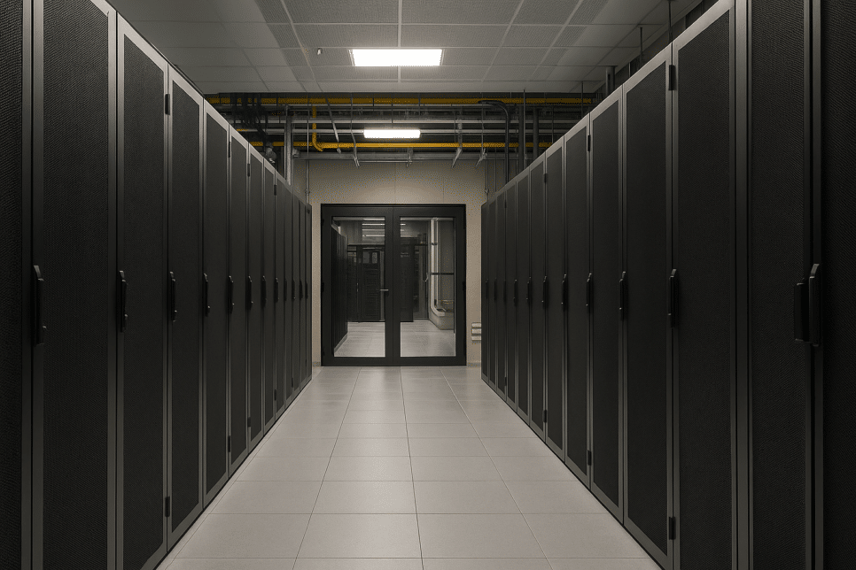 UFG: Data center moderno com racks de servidores de alta densidade para computação de alto desempenho científica.