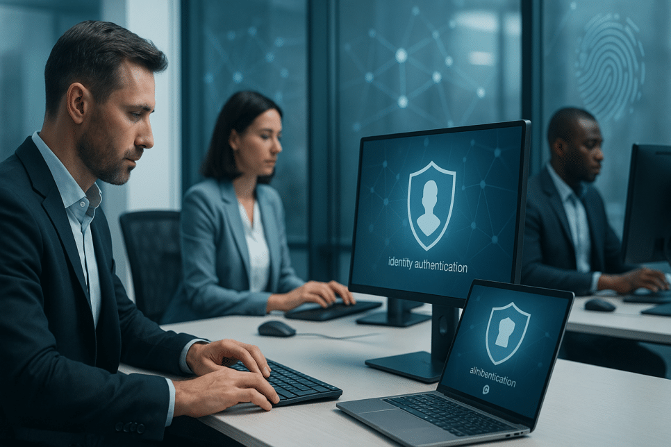 Segurança Digital: Profissionais utilizando autenticação de identidade digital em escritório corporativo seguro