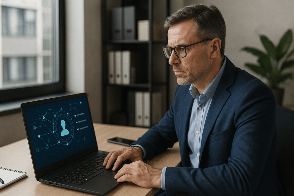 Zero Trust: Executivo de TI analisando acesso seguro