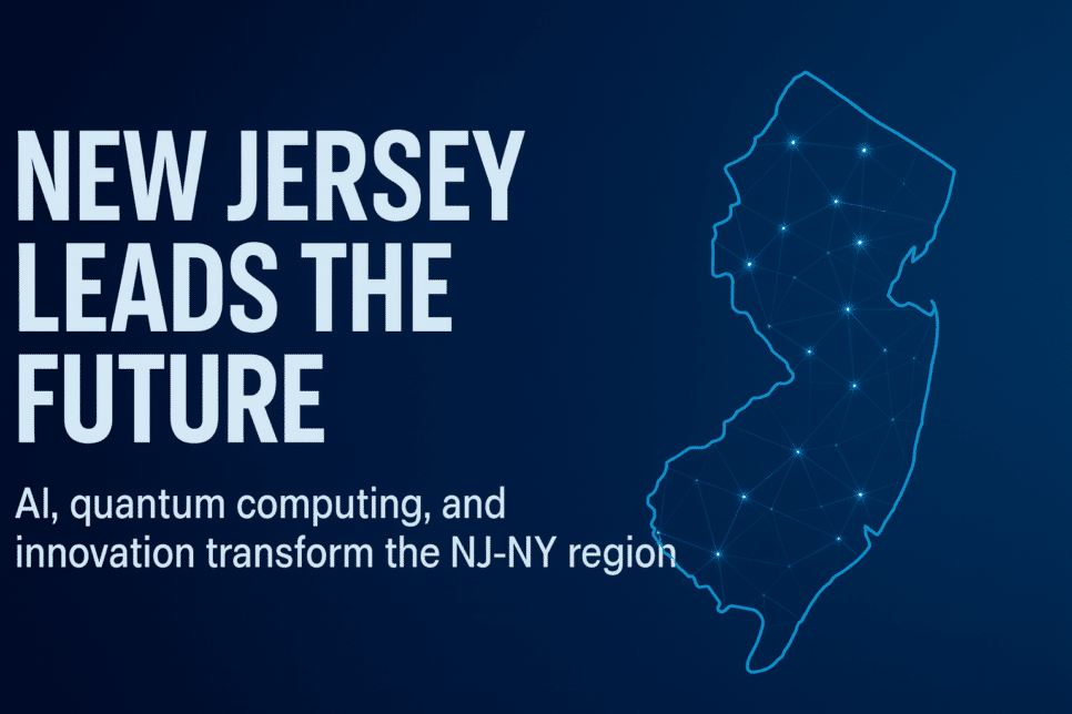 Mapa de New Jersey representado com rede digital conectada, simbolizando inovação, inteligência artificial e tecnologia avançada na região.