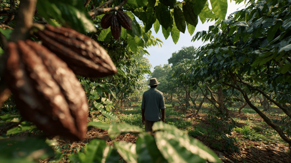 Homem parado numa plantação de cacau, representando a inovação da tecnologia no agro.