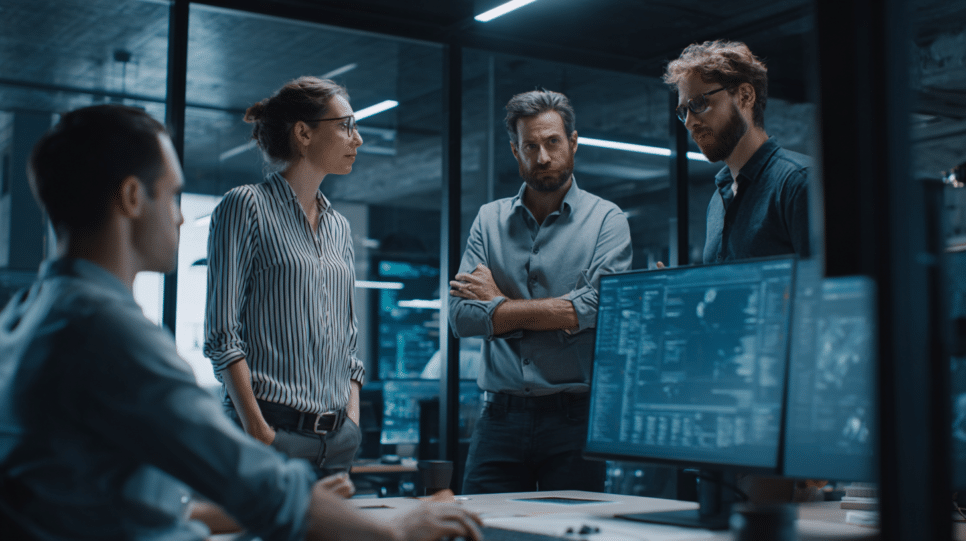 GhostPoster: Executivos em um ambiente corporativo moderno discutem questões de segurança digital e cibersegurança, com computadores exibindo gráficos e informações técnicas.