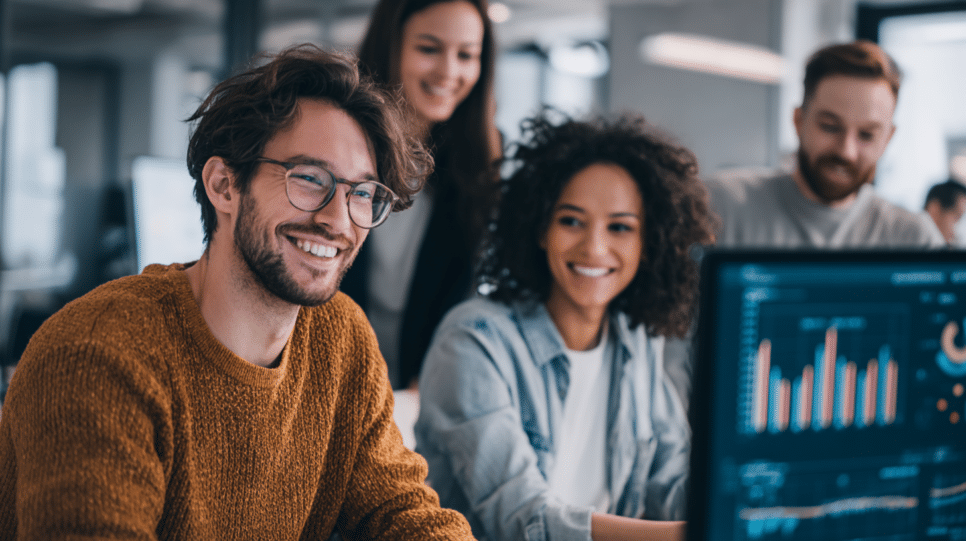 Equipe de vendas de tecnologia utilizando a estratégia de Account-Based Marketing (ABM) para engajar contas-alvo com conteúdo personalizado e multicanal, acelerando o ciclo de vendas.