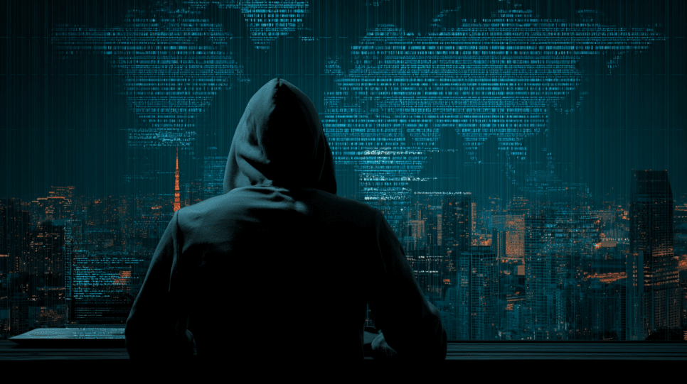 Ataques: Pessoa de capô observando um monitor com códigos binários, enquanto uma representação digital do mapa mundial aparece em segundo plano. A imagem evoca uma atmosfera de cibersegurança, com foco em um ambiente urbano à noite.