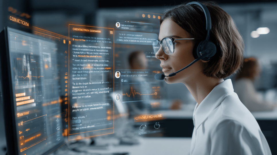Dashboard: Assistente virtual IA ajudando um cliente a agendar uma reunião, com um atendente humano disponível para questões mais complexas. A imagem transmite inovação e agilidade no atendimento ao cliente.