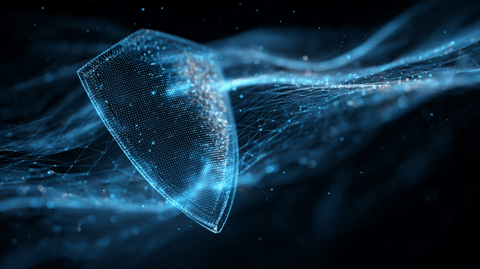 Representação visual de tráfego digital massivo sendo bloqueado durante um ataque DDoS.