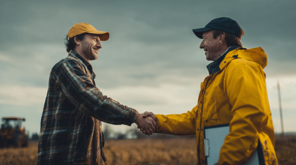 Imagem realista de um agricultor apertando a mão de um servidor público, firmando um acordo de parceria no setor de Agronegócio para fortalecer a pesquisa, inovação e apoio ao produtor rural.
