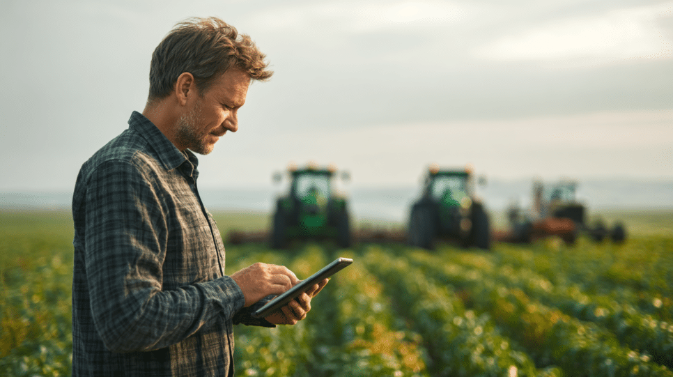 Imagem de um agricultor em uma plantação utilizando um tablet, representando a conectividade no agronegócio. Ao fundo, é possível ver três tratores.