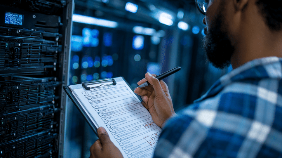 Profissional de TI revisando checklist permanente para garantir a maturidade e a proteção contínua em segurança cibernética, com foco em avaliação de riscos e compliance.