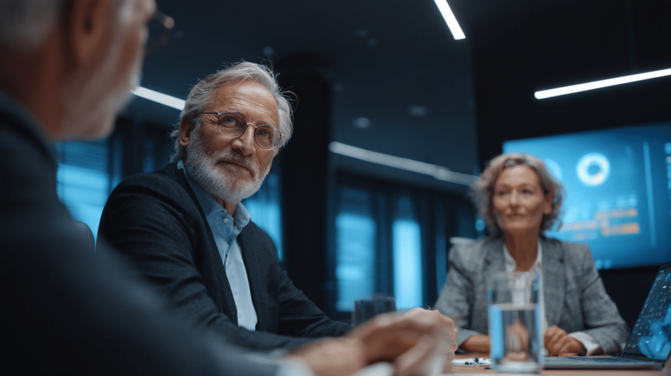 Executivos seniores discutem estratégias corporativas em uma sala de reunião moderna, representando os desafios e oportunidades da transição de TI nas empresas.