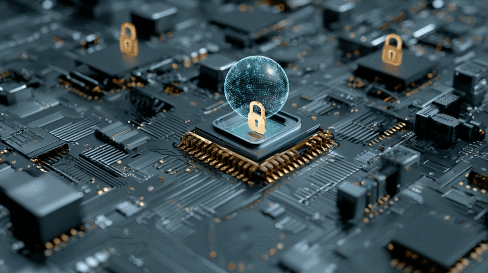 NIST: Chip de computação quântica com ícone de cadeado simbolizando criptografia pós-quântica e proteção de dados.