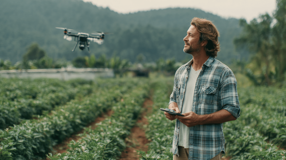 Executivo de agronegócio em uma plantação, segurando um tablet e monitorando um drone.