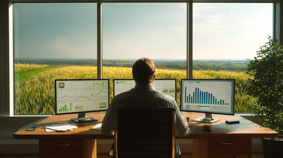 Executivo de agronegócio sentado num escritório, analisando resultados