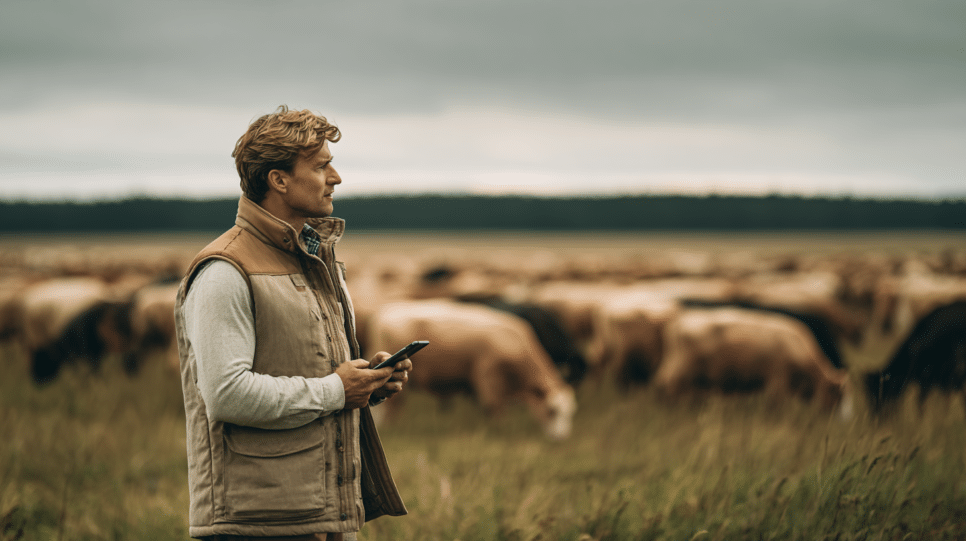 Homem parado em um campo, segurando um telefone, representando tecnologia nutricional. Ao fundo se vê um rebanho se alimentando.
