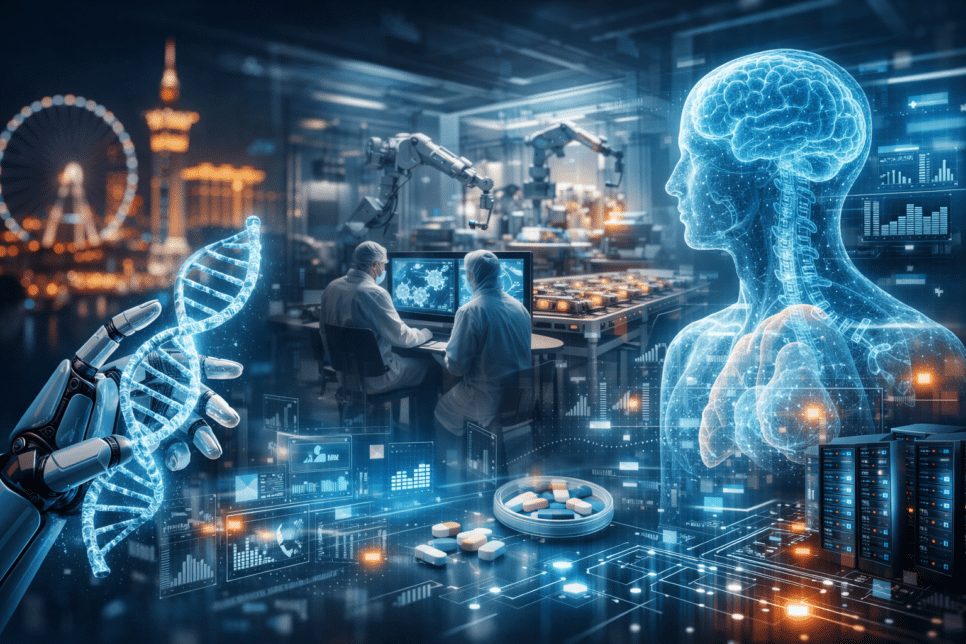 Imagem conceitual da CES mostrando inteligência artificial aplicada à pesquisa médica, com DNA digital, laboratório futurista e automação na indústria da saúde.