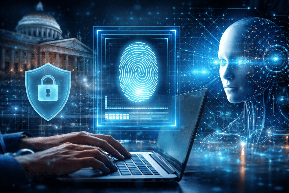 Ilustração conceitual sobre fiscalização da ANPD, com biometria digital, inteligência artificial, segurança de dados e uso de tecnologia pelo poder público.