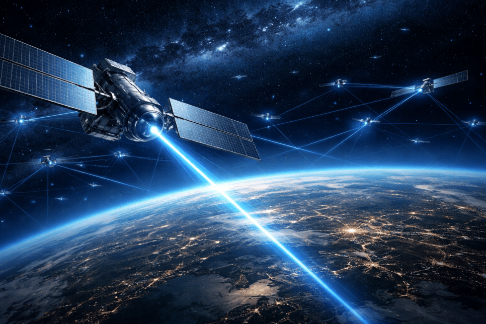 Starlink Gen2 em órbita baixa: satélites com links ópticos conectando-se sobre a Terra, representando internet global de baixa latência.