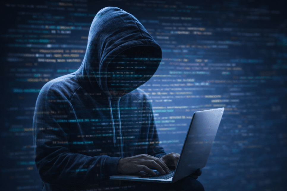 Fraudes cibernéticas representadas por hacker usando laptop em ambiente digital, simbolizando ameaças globais, ataques online e riscos à cibersegurança corporativa.