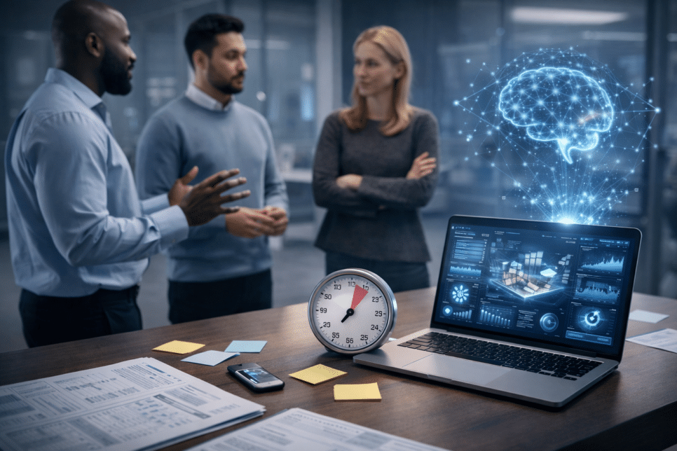 Equipe multidisciplinar em reunião rápida de IA. 15 minutos de IA