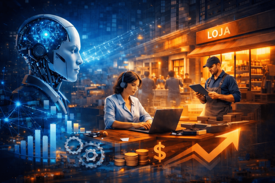 IA: Imagem digital mostrando como a Inteligência Artificial transforma pequenas empresas, com robô futurista, mulher trabalhando com IA e gráfico de crescimento econômico.