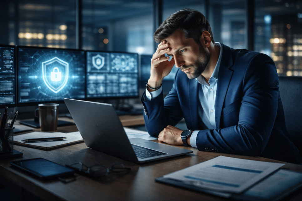 “CISO analisando riscos em ambiente corporativo de governança de TI”