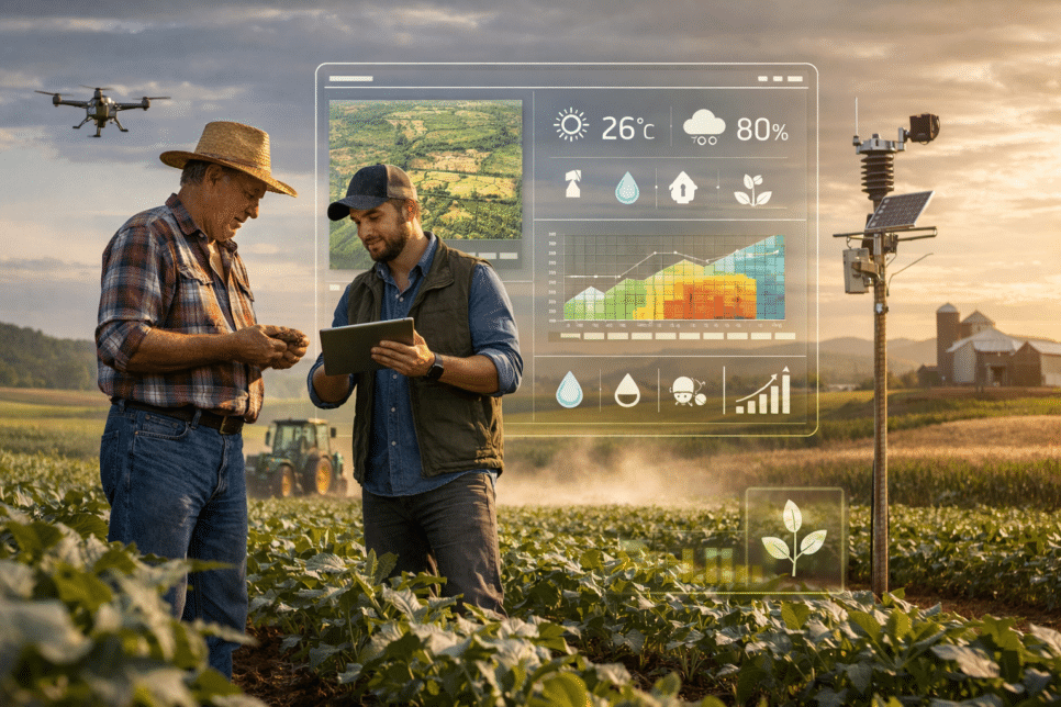 Agro com inteligência artificial: produtor no campo usando tablet com dados da lavoura, drone e estação meteorológica ao fundo, em cena realista 4K 16:9.