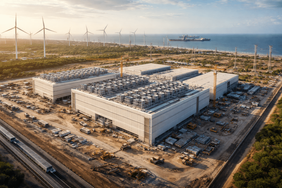 Mega data center do TikTok em construção no Ceará, com estruturas industriais de grande escala, canteiro de obras e integração com energia renovável.