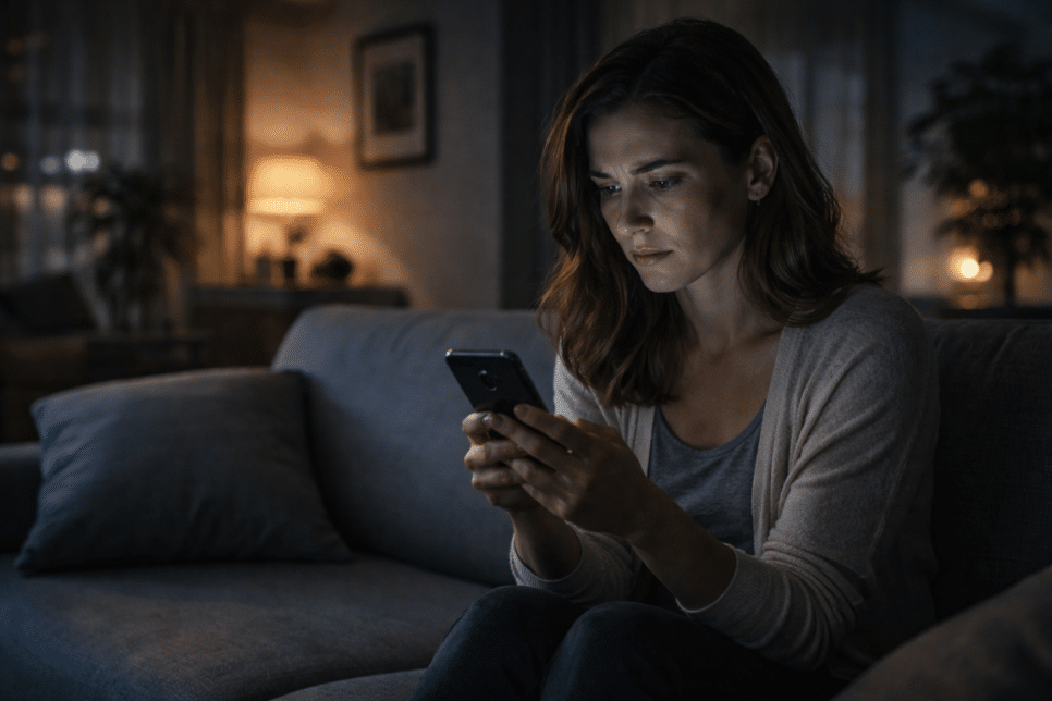 Mulher observa smartphone com expressão de preocupação em ambiente doméstico. Violência doméstica digital.