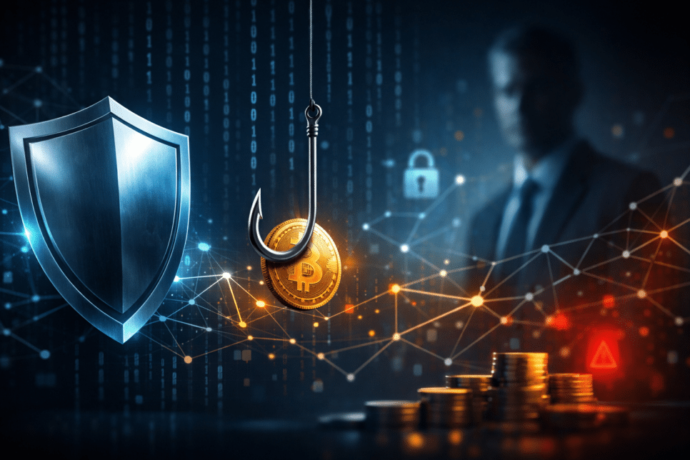 Phishing cripto: gancho fisgando moeda digital em meio a rede blockchain e elementos de segurança, simbolizando golpes e proteção no ecossistema cripto.