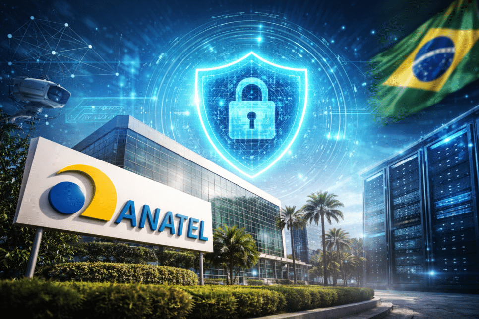 Prédio da Anatel com elementos visuais de cibersegurança digital, representando o fortalecimento da Anatel como autoridade em segurança cibernética no Brasil.
