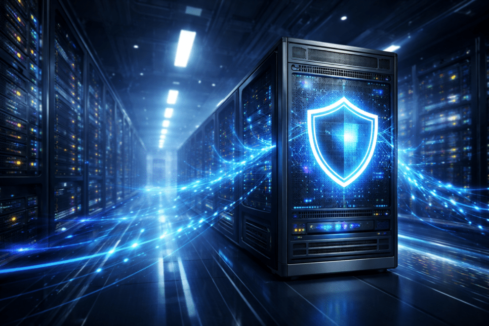 data center com escudo digital e fluxos de dados, representando proteção anti-DDoS on-premises para reduzir quedas e instabilidade em ISPs.