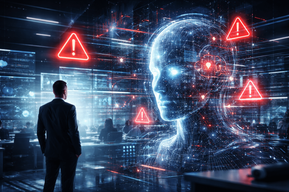 Representação visual das alucinações de IA em ambiente corporativo, mostrando riscos e alertas em sistemas de inteligência artificial usados por empresas.