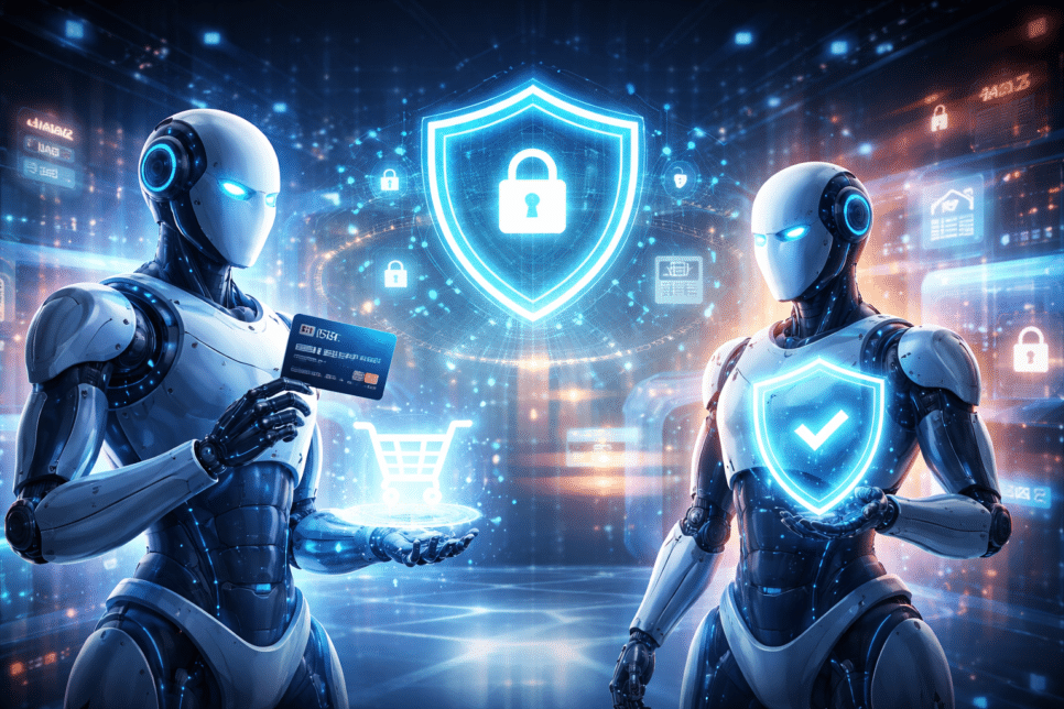 **Alt text (SEO otimizado com a keyword):** `Ilustração em 16:9 mostra agentes de IA realizando compras com segurança no comércio agêntico, com foco em proteção digital e pagamentos automatizados.`