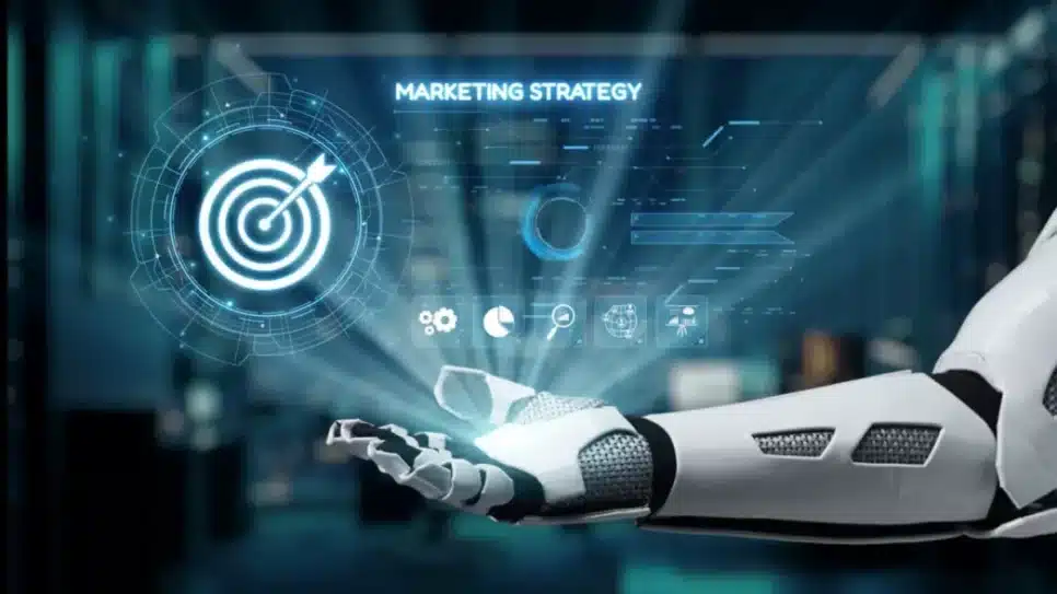 A futuristic robot hand holds the glowing elements of a marketing strategy, emphasizing the synergy between technology and business in a contemporary workspace. Auvana. IA. Foto: Getty Images