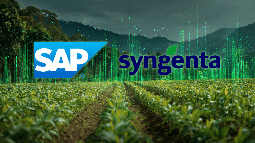 Plantação sobreposta com os logos das empresas SAP e Syngenta, representando a parceria entre ambas.