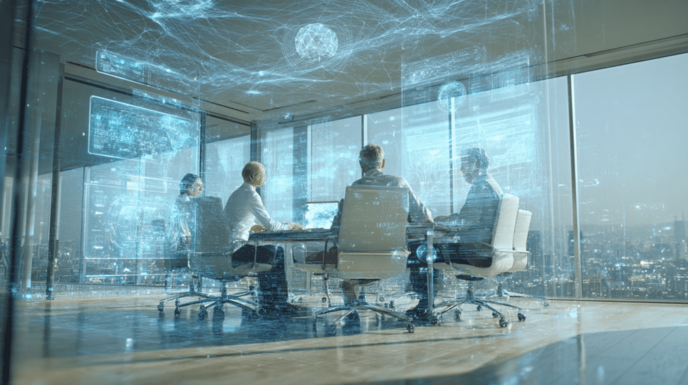 Executivos de TI analisam tendências globais de tecnologia em 2026 durante reunião estratégica em ambiente corporativo moderno e conectado.