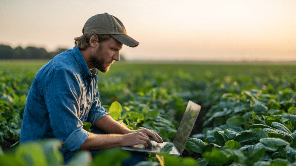 Agronegócio: Profissional agrícola analisando folha em campo enquanto usa laptop em ambiente rural ao pôr do sol.