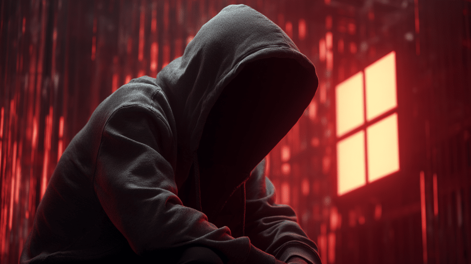 hacker sentado, ao fundo é possivel ver a logo da microsoft