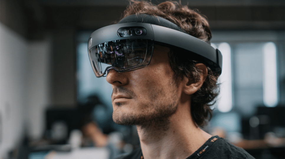 Funcionário da Meta utilizando óculos inteligentes Ray-Ban Meta, integrando tecnologia de assistente de voz e câmeras no cotidiano.