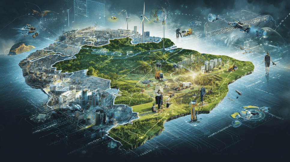 Desejos de um Brasil conectado em 2026, com inovações tecnológicas no campo e nas cidades, representando o progresso digital em áreas como IA, conectividade e sustentabilidade.