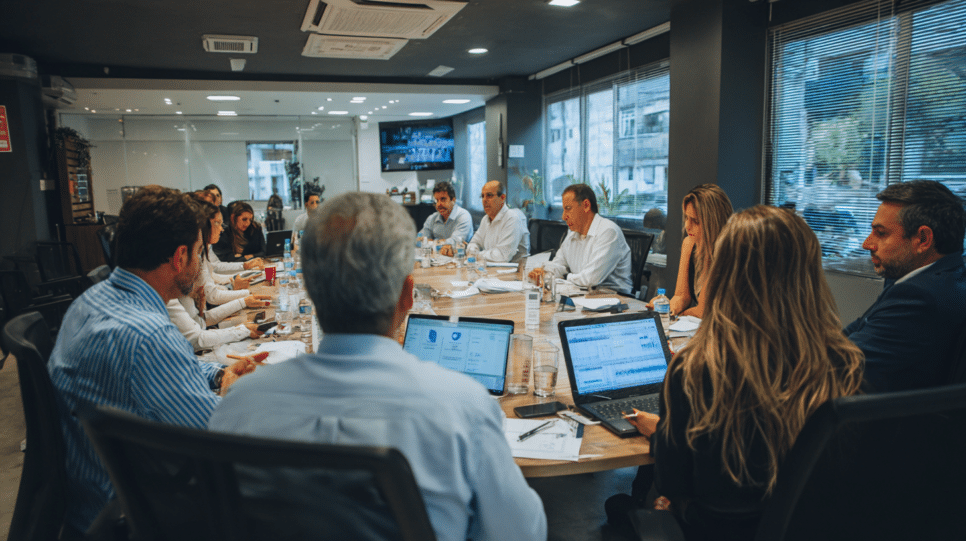 Reunião de negócios sobre regulamentações de dados, discutindo GDPR e LGPD em um ambiente corporativo moderno no Brasil.