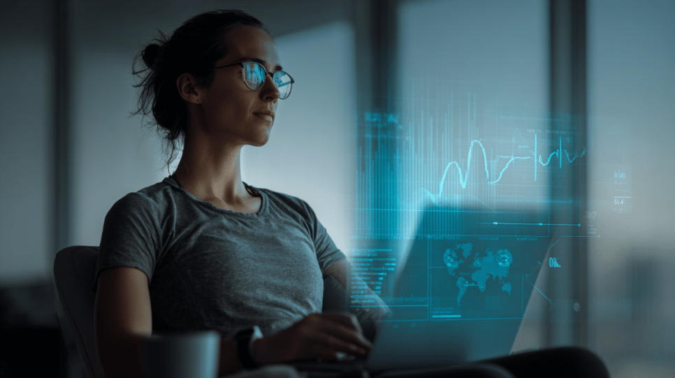 Biohacking no ambiente de trabalho: mulher monitorando saúde e dados de performance com tecnologia de ponta, representando otimização no setor de TI.